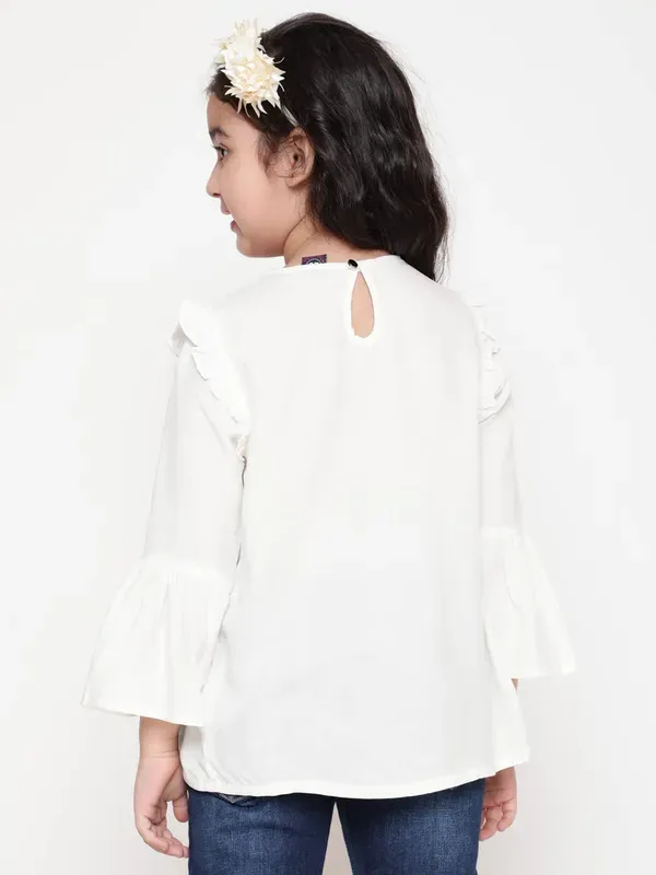 White_Rayon_Floral_Embroidery_Round_Neck_Casual_Top_For_Girls