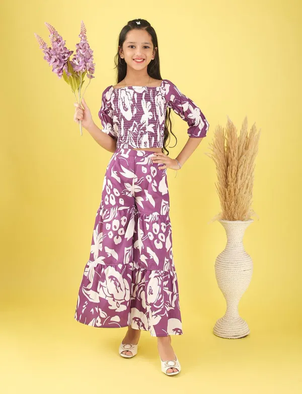 Purple_Floral_Smocked_Crop_Top_And_Wide_Leg_Palazzo_Pants_Co-Ord_Set_For_Girls