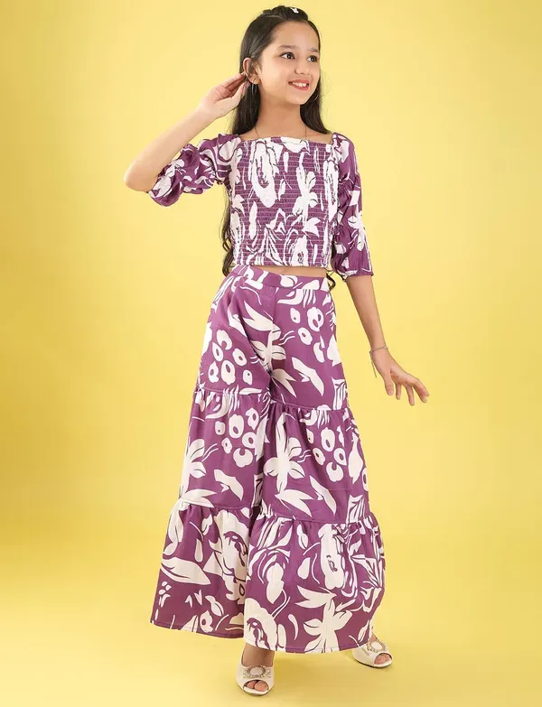Purple_Floral_Smocked_Crop_Top_And_Wide_Leg_Palazzo_Pants_Co-Ord_Set_For_Girls