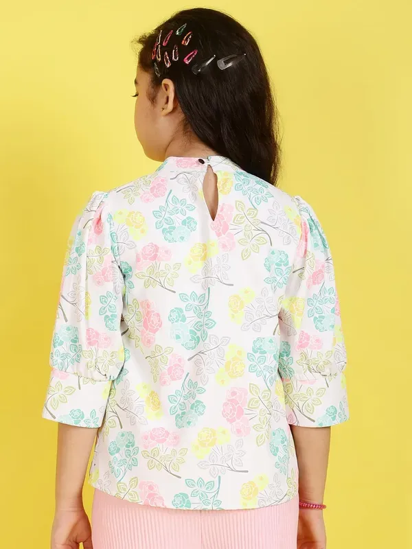 Multicolor_Floral_Printed_Regular_Fit_Pleated_High_Neck_Casual_Top_For_Girls