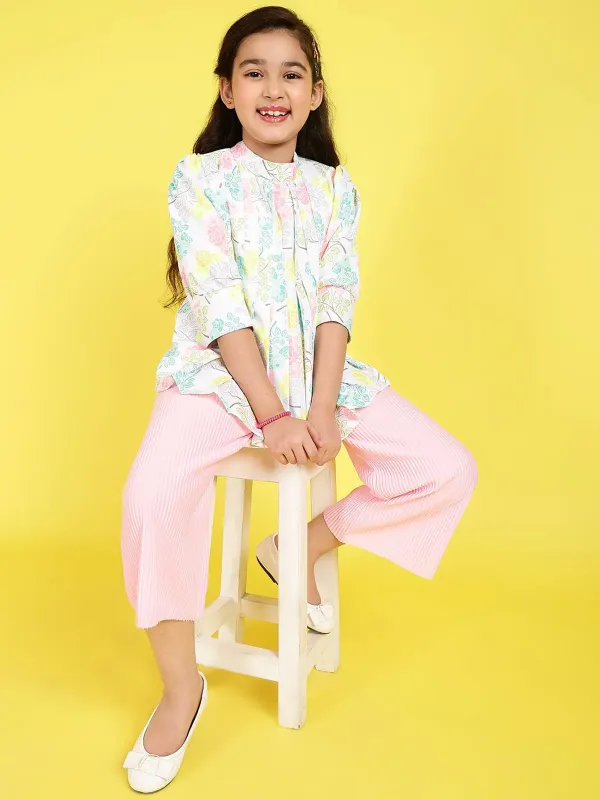 Multicolor_Floral_Printed_Regular_Fit_Pleated_High_Neck_Casual_Top_For_Girls