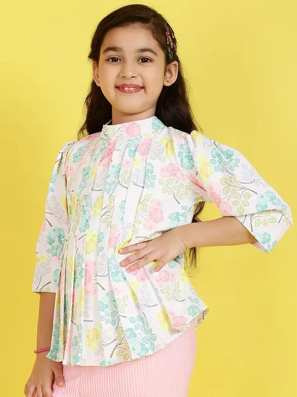 Multicolor_Floral_Printed_Regular_Fit_Pleated_High_Neck_Casual_Top_For_Girls