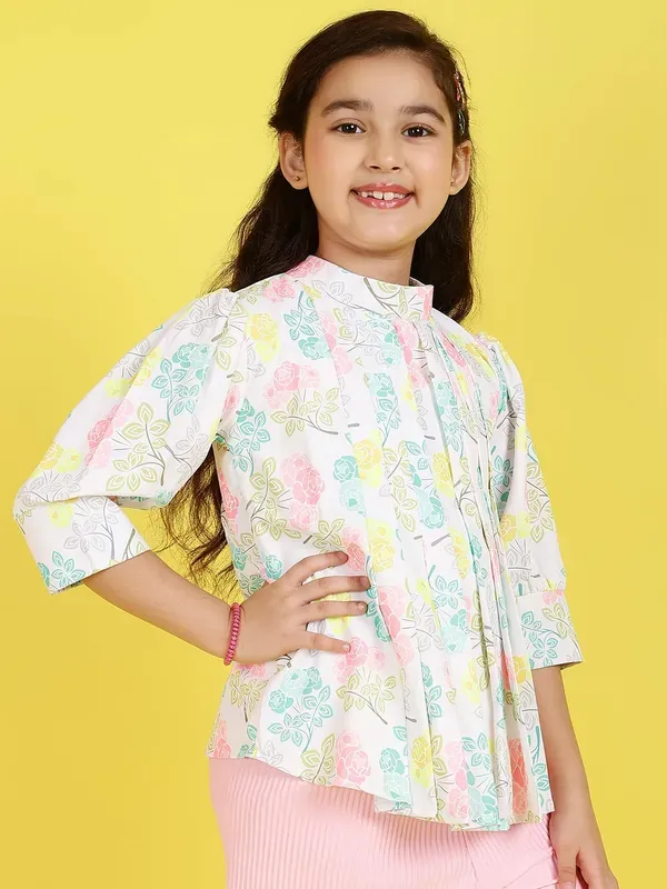 Multicolor_Floral_Printed_Regular_Fit_Pleated_High_Neck_Casual_Top_For_Girls