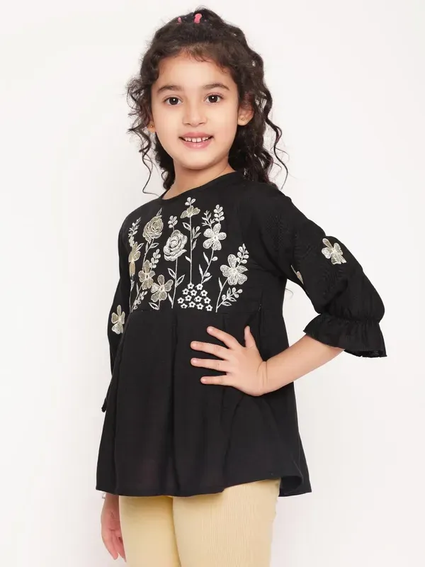 Black_Embroidered_Regular_Fit_Round_Neck_Casual_Top_For_Girls