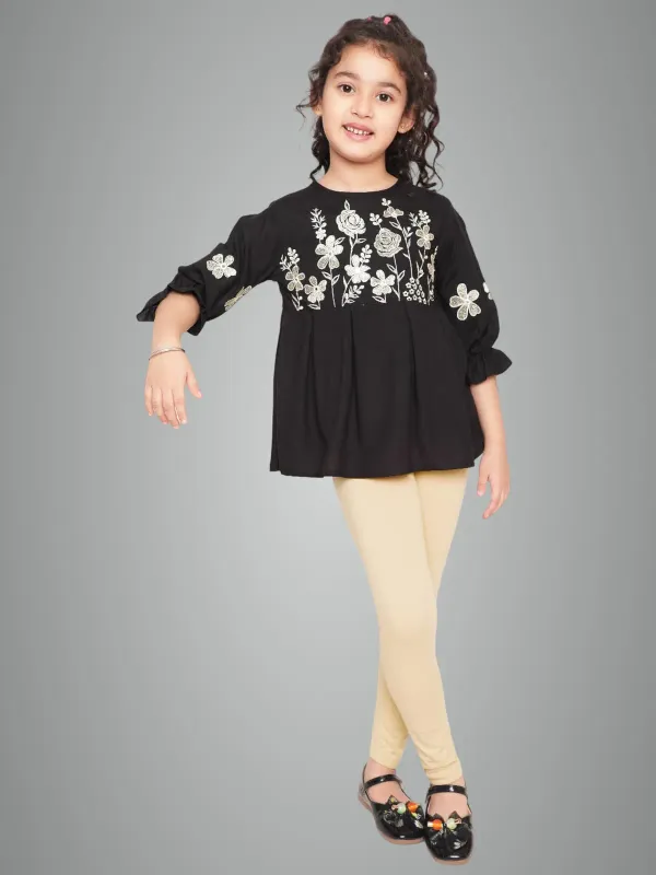 Black_Embroidered_Regular_Fit_Round_Neck_Casual_Top_For_Girls