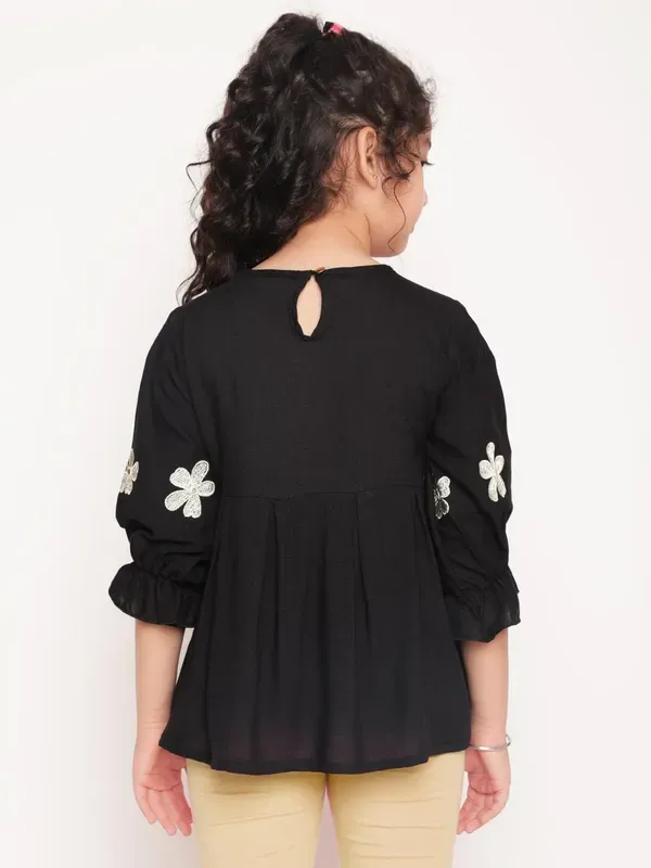 Black_Embroidered_Regular_Fit_Round_Neck_Casual_Top_For_Girls