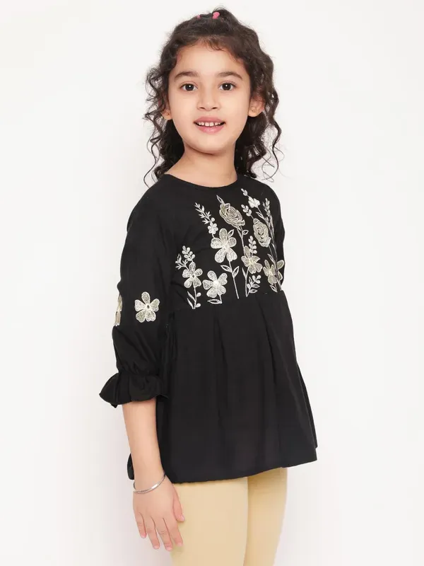 Black_Embroidered_Regular_Fit_Round_Neck_Casual_Top_For_Girls