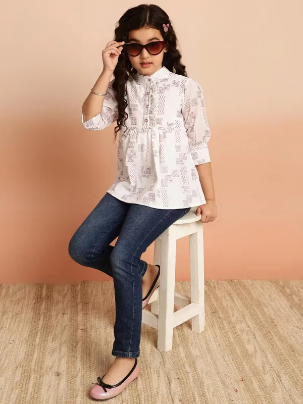 White_All_Over_Foil_Print_Georgette_Top_With_Mandarin_Neck_And_For_Girls