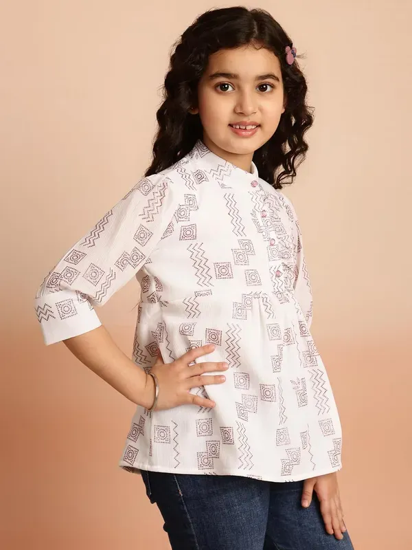 White_All_Over_Foil_Print_Georgette_Top_With_Mandarin_Neck_And_For_Girls