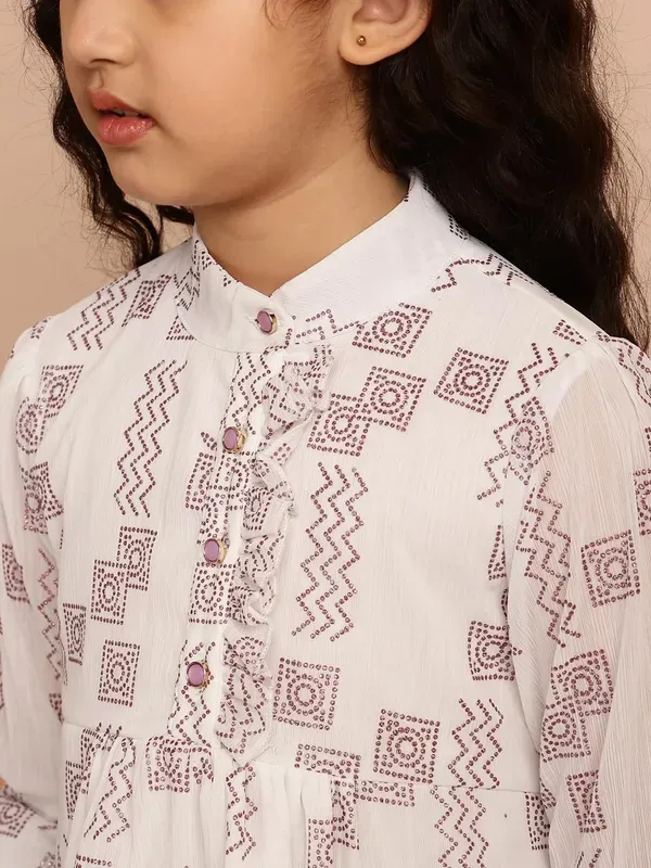 White_All_Over_Foil_Print_Georgette_Top_With_Mandarin_Neck_And_For_Girls