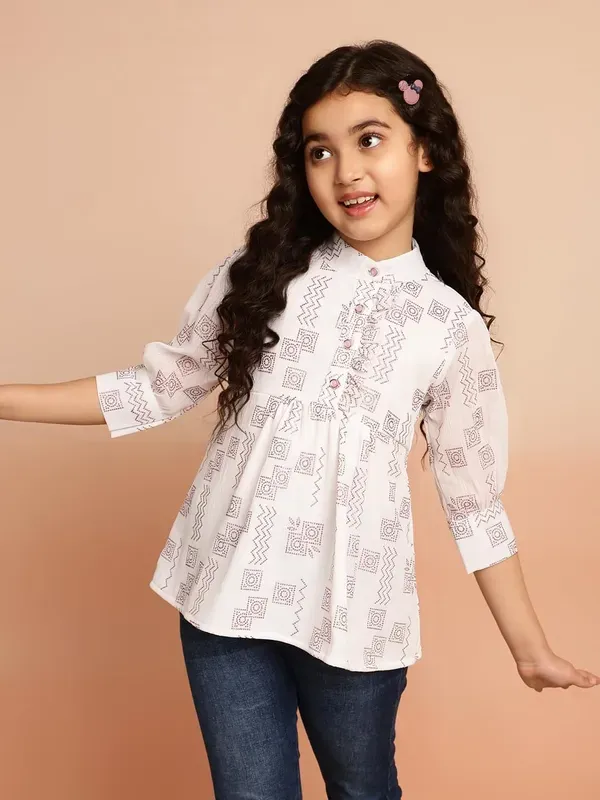White_All_Over_Foil_Print_Georgette_Top_With_Mandarin_Neck_And_For_Girls