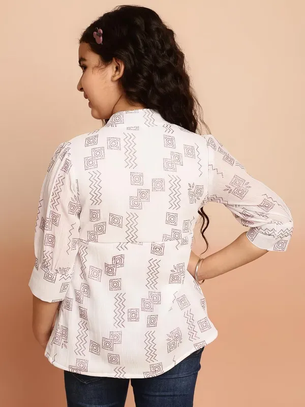 White_All_Over_Foil_Print_Georgette_Top_With_Mandarin_Neck_And_For_Girls
