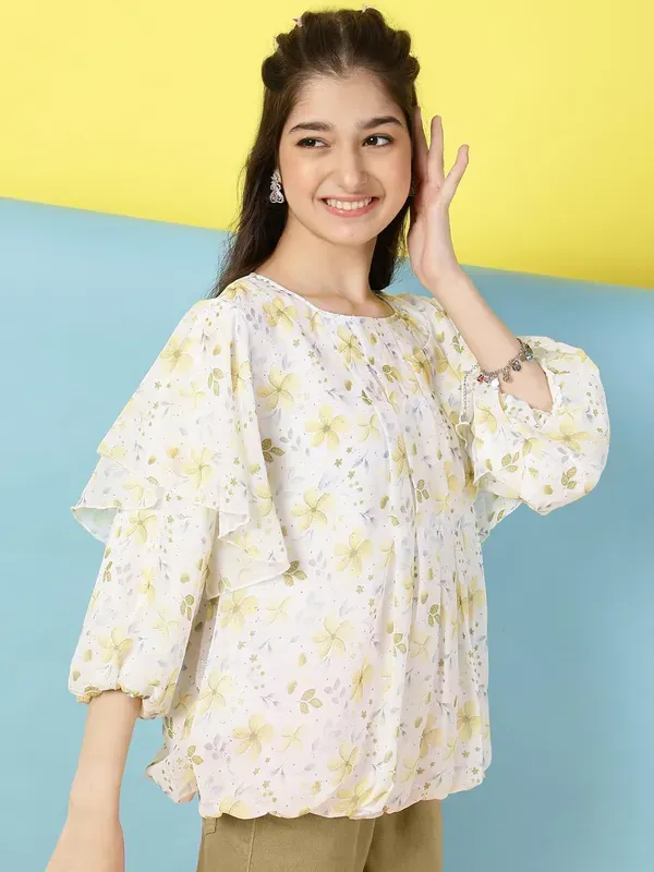 Yellow_Floral_Printed_Pleated_Casual_Top_For_Girls