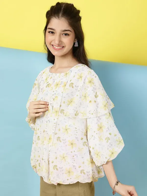 Yellow_Floral_Printed_Pleated_Casual_Top_For_Girls