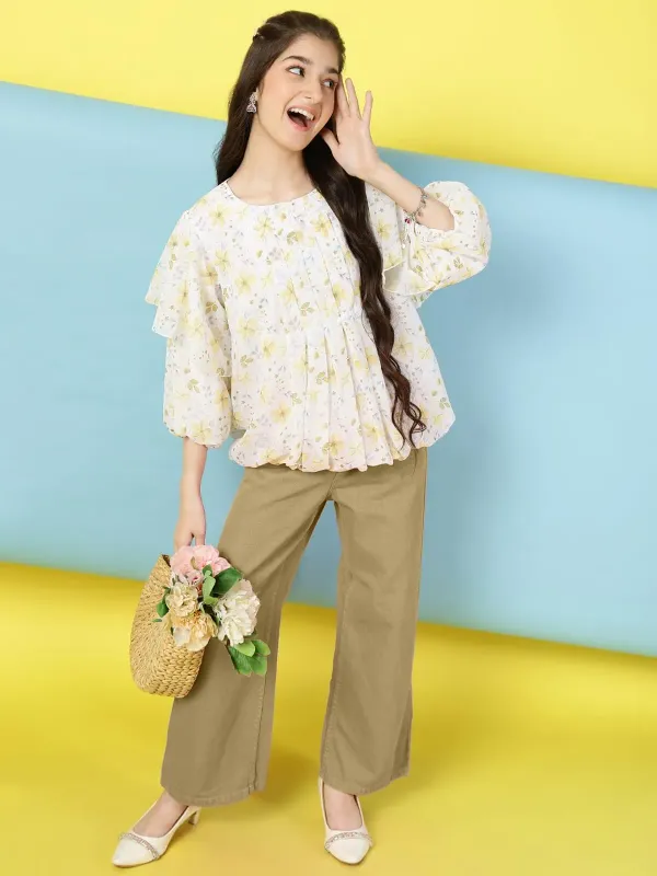 Yellow_Floral_Printed_Pleated_Casual_Top_For_Girls