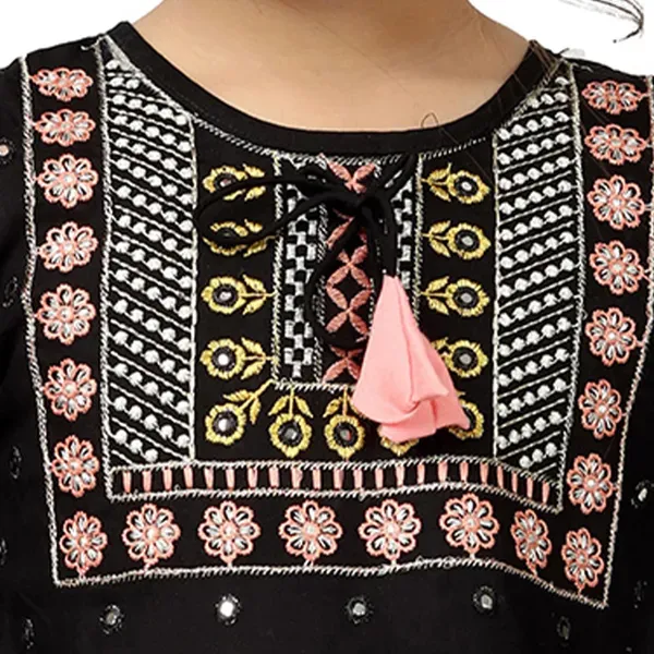 Black_Embroidered_Regular_Fit_Round_Neck_Casual_Top_For_Girls