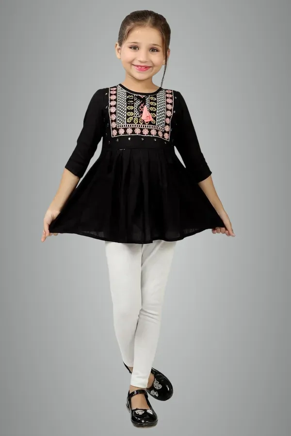 Black_Embroidered_Regular_Fit_Round_Neck_Casual_Top_For_Girls