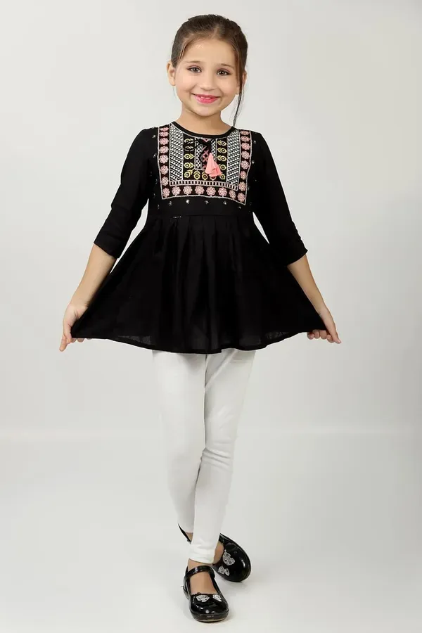 Black_Embroidered_Regular_Fit_Round_Neck_Casual_Top_For_Girls