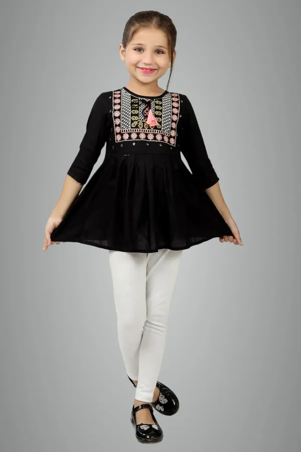 Black_Embroidered_Regular_Fit_Round_Neck_Casual_Top_For_Girls