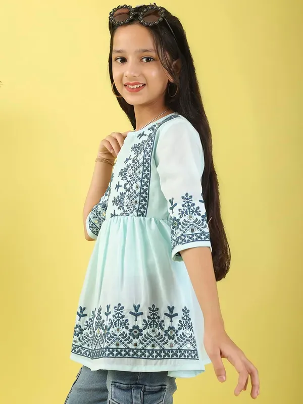 Mint_Blue_Georgette_Floral_Embroidered_Top_For_Girls