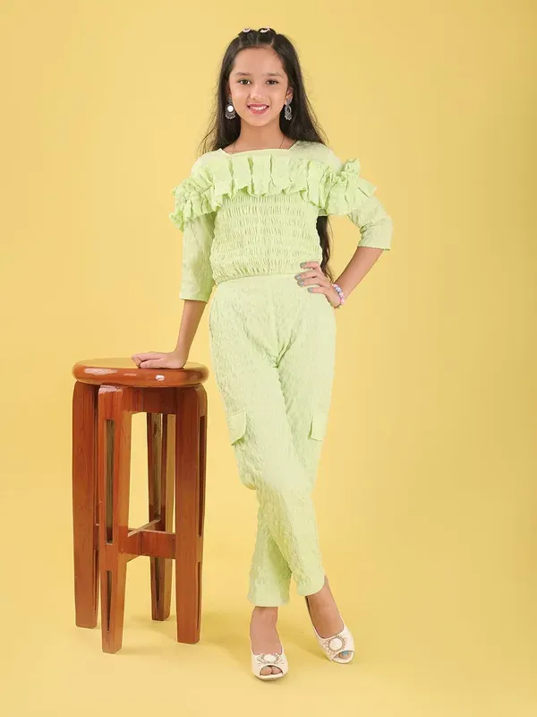 Light_Green_Viscose_Modal_Ruffled_Smocked_Top_And_Straight_Pants_Co-Ord_Set