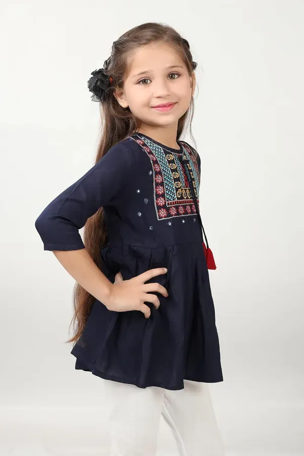 Blue_Embroidered_Regular_Fit_Round_Neck_Casual_Top_For_Girls