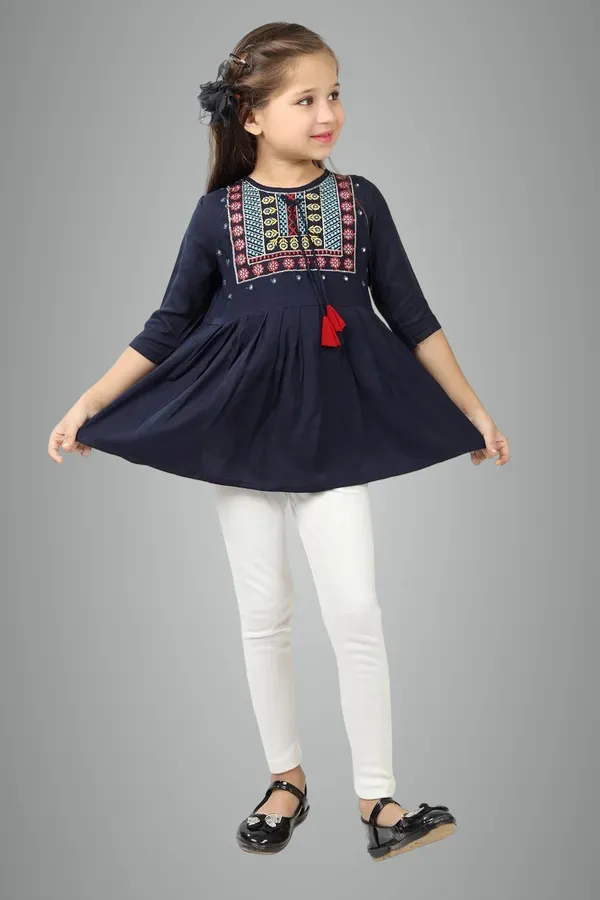 Blue_Embroidered_Regular_Fit_Round_Neck_Casual_Top_For_Girls