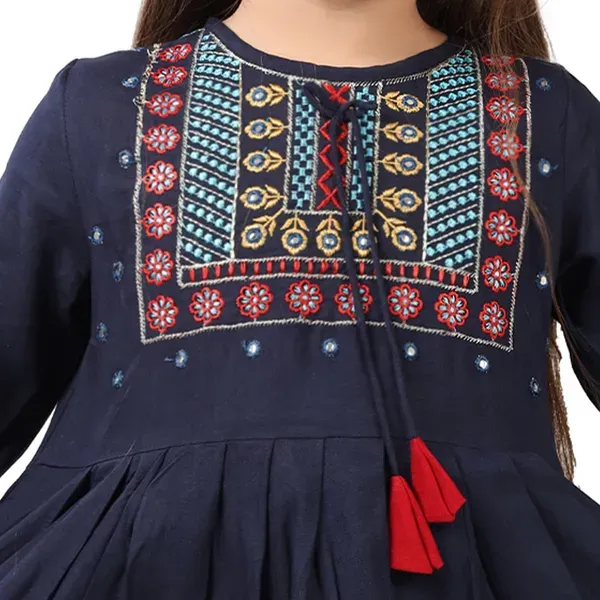 Blue_Embroidered_Regular_Fit_Round_Neck_Casual_Top_For_Girls