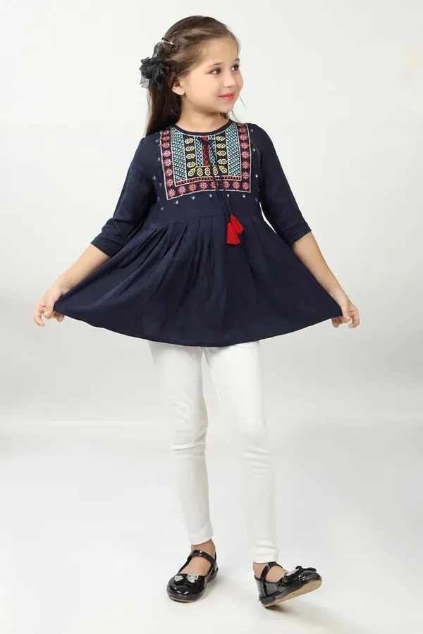Blue_Embroidered_Regular_Fit_Round_Neck_Casual_Top_For_Girls