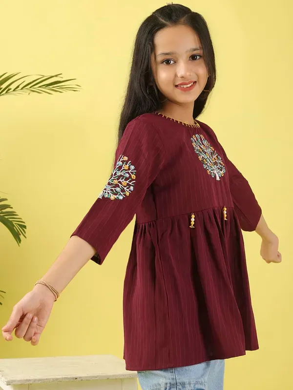 Wine_Floral_Embroidered_Polyester_Top_With_For_Girls