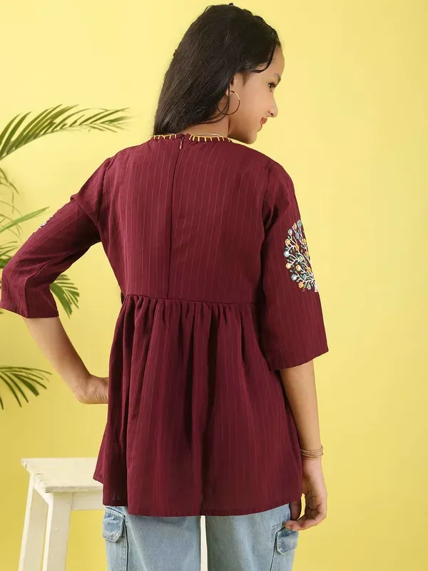 Wine_Floral_Embroidered_Polyester_Top_With_For_Girls