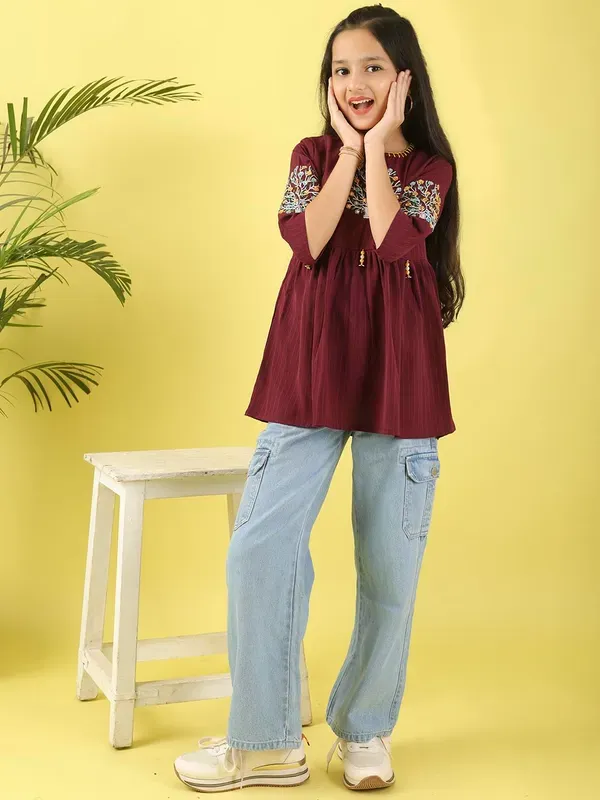 Wine_Floral_Embroidered_Polyester_Top_With_For_Girls