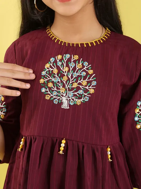 Wine_Floral_Embroidered_Polyester_Top_With_For_Girls
