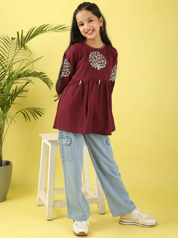 Wine_Floral_Embroidered_Polyester_Top_With_For_Girls