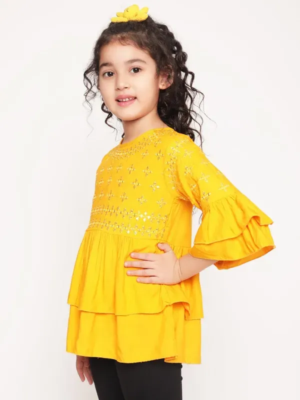 Mustard_Layered_Sleeves_Embroidered_Regular_Fit_Round_Neck_Casual_Top_For_Girls