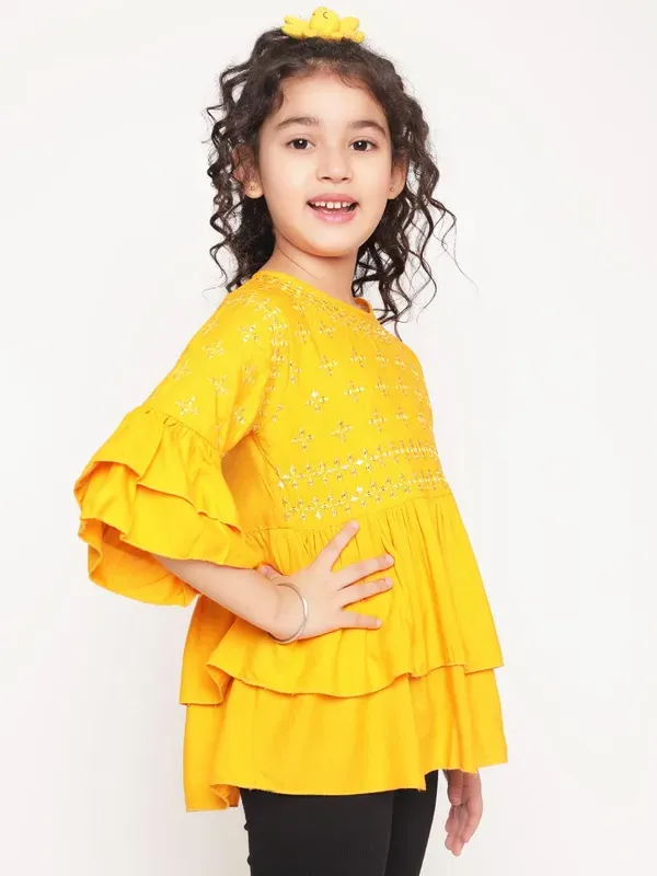 Mustard_Layered_Sleeves_Embroidered_Regular_Fit_Round_Neck_Casual_Top_For_Girls