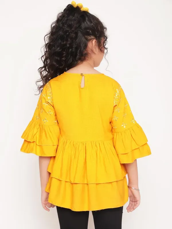 Mustard_Layered_Sleeves_Embroidered_Regular_Fit_Round_Neck_Casual_Top_For_Girls