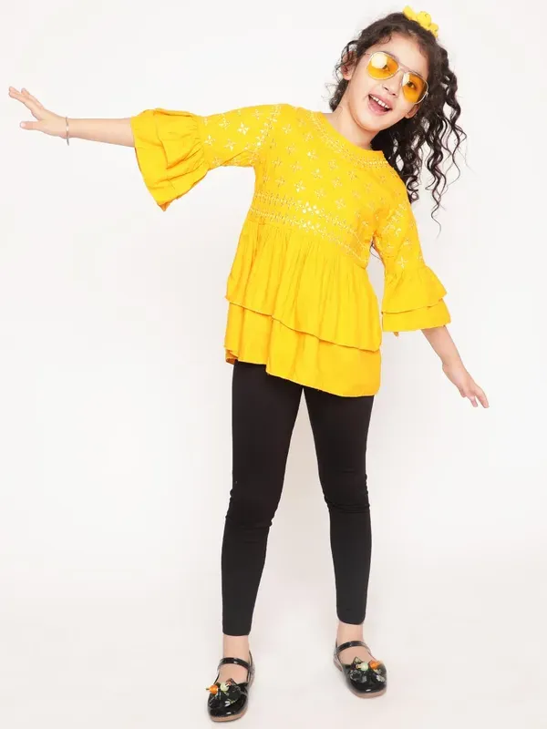 Mustard_Layered_Sleeves_Embroidered_Regular_Fit_Round_Neck_Casual_Top_For_Girls