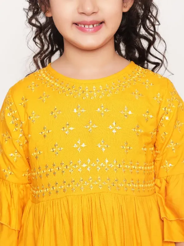 Mustard_Layered_Sleeves_Embroidered_Regular_Fit_Round_Neck_Casual_Top_For_Girls
