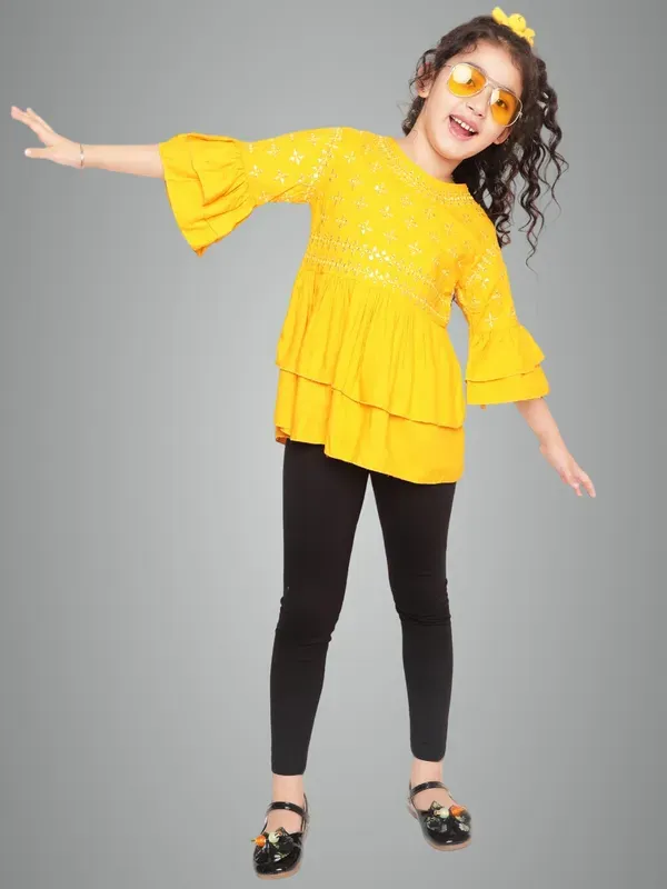 Mustard_Layered_Sleeves_Embroidered_Regular_Fit_Round_Neck_Casual_Top_For_Girls