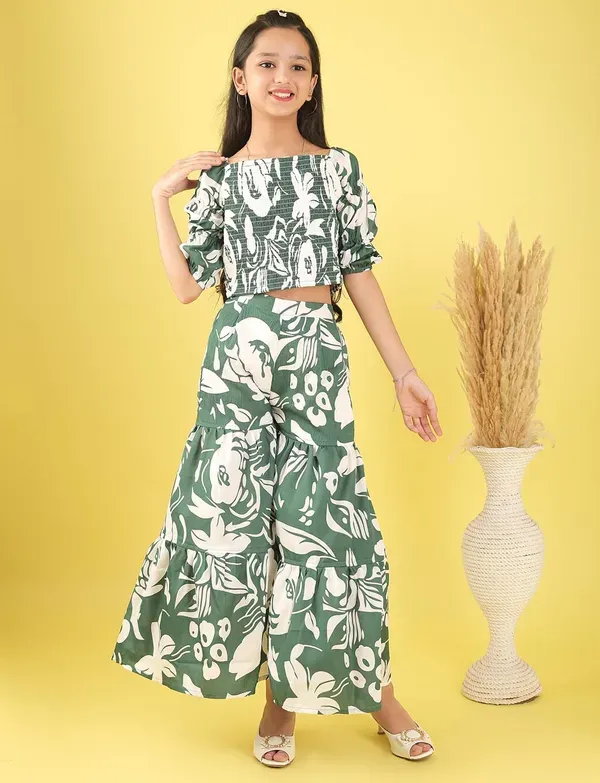 Green_And_White_Floral_Smocked_Crop_Top_And_Wide_Leg_Palazzo_Pants_Co-Ord_Set_For_Girls