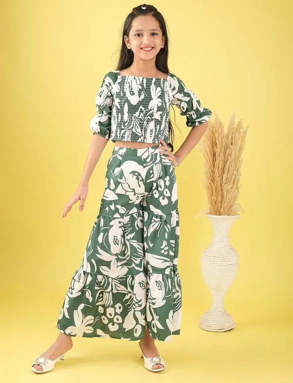 Green_And_White_Floral_Smocked_Crop_Top_And_Wide_Leg_Palazzo_Pants_Co-Ord_Set_For_Girls