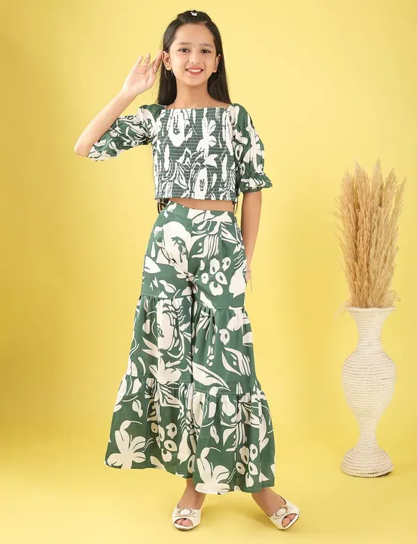 Green_And_White_Floral_Smocked_Crop_Top_And_Wide_Leg_Palazzo_Pants_Co-Ord_Set_For_Girls