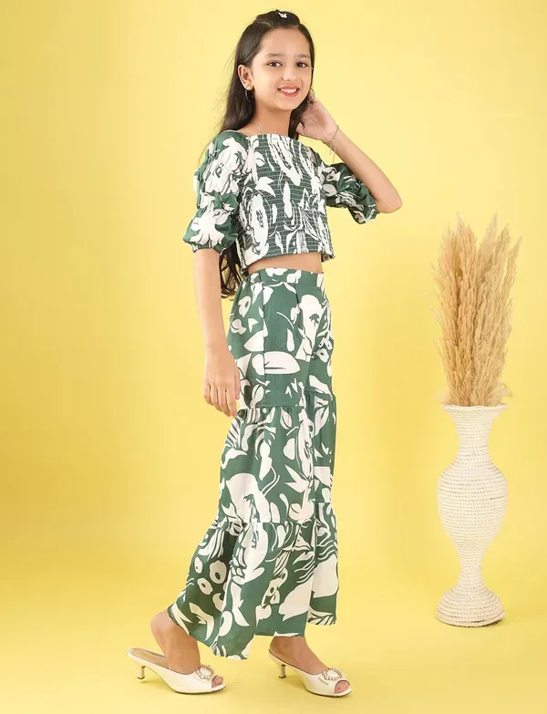 Green_And_White_Floral_Smocked_Crop_Top_And_Wide_Leg_Palazzo_Pants_Co-Ord_Set_For_Girls