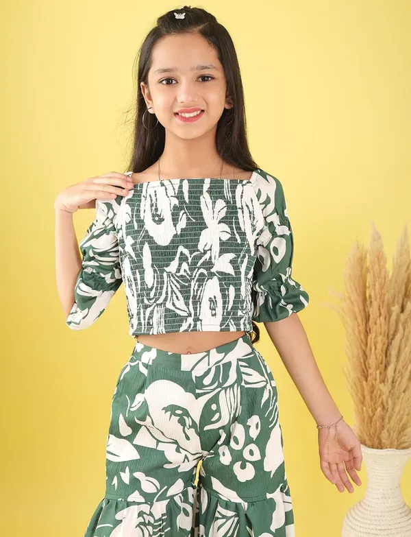 Green_And_White_Floral_Smocked_Crop_Top_And_Wide_Leg_Palazzo_Pants_Co-Ord_Set_For_Girls