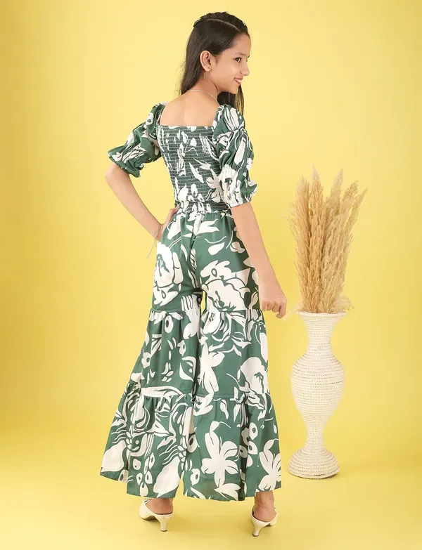 Green_And_White_Floral_Smocked_Crop_Top_And_Wide_Leg_Palazzo_Pants_Co-Ord_Set_For_Girls