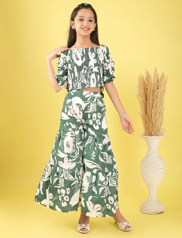 Green_And_White_Floral_Smocked_Crop_Top_And_Wide_Leg_Palazzo_Pants_Co-Ord_Set_For_Girls
