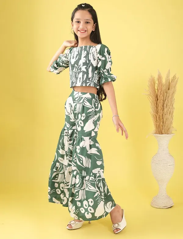 Green_And_White_Floral_Smocked_Crop_Top_And_Wide_Leg_Palazzo_Pants_Co-Ord_Set_For_Girls