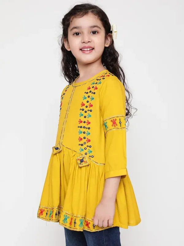 Mustard_Rayon_Floral_Embroidery_Round_Neck_Casual_Top_For_Girls