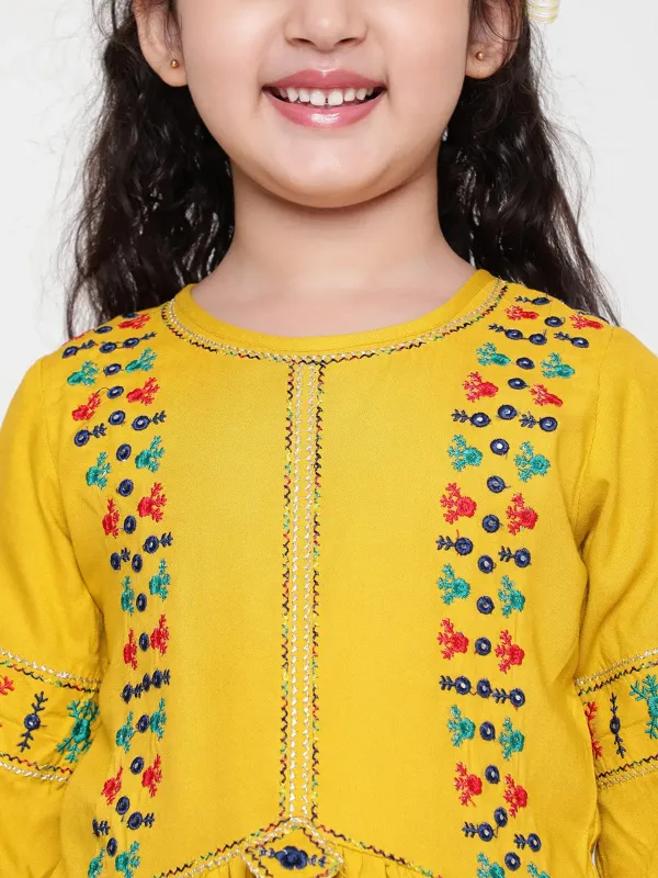 Mustard_Rayon_Floral_Embroidery_Round_Neck_Casual_Top_For_Girls